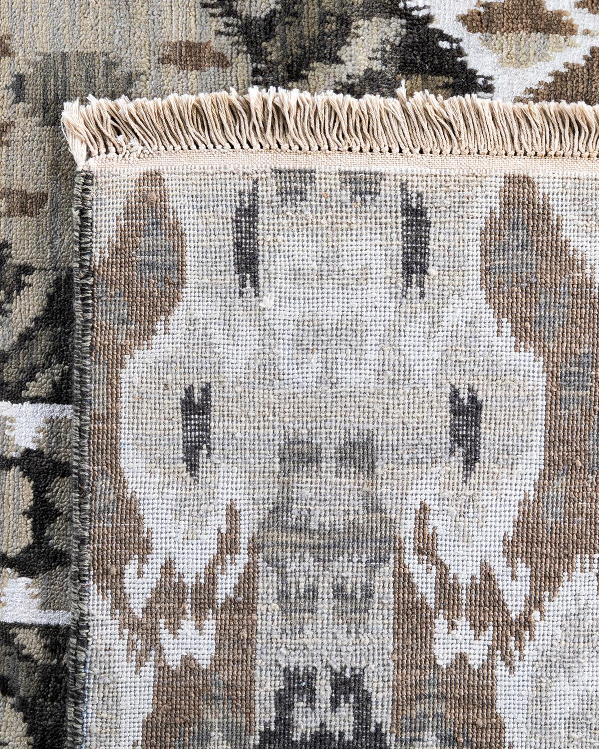 Traditionnel Ikat Abstrait Soie et Laine Noué à la Main Tapis de Zone Brown 8' 10