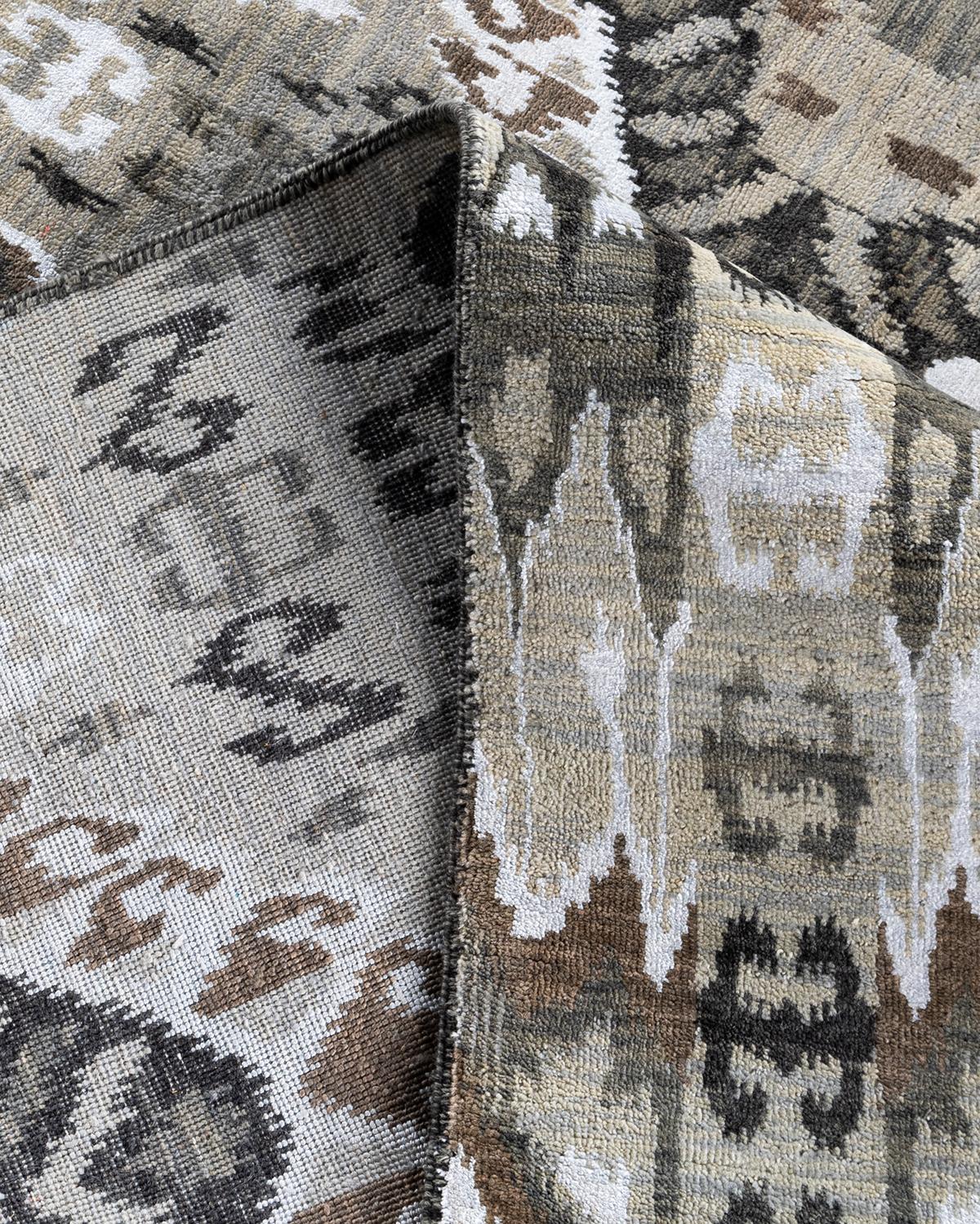 XXIe siècle et contemporain Traditionnel Ikat Abstrait Soie et Laine Noué à la Main Tapis de Zone Brown 8' 10