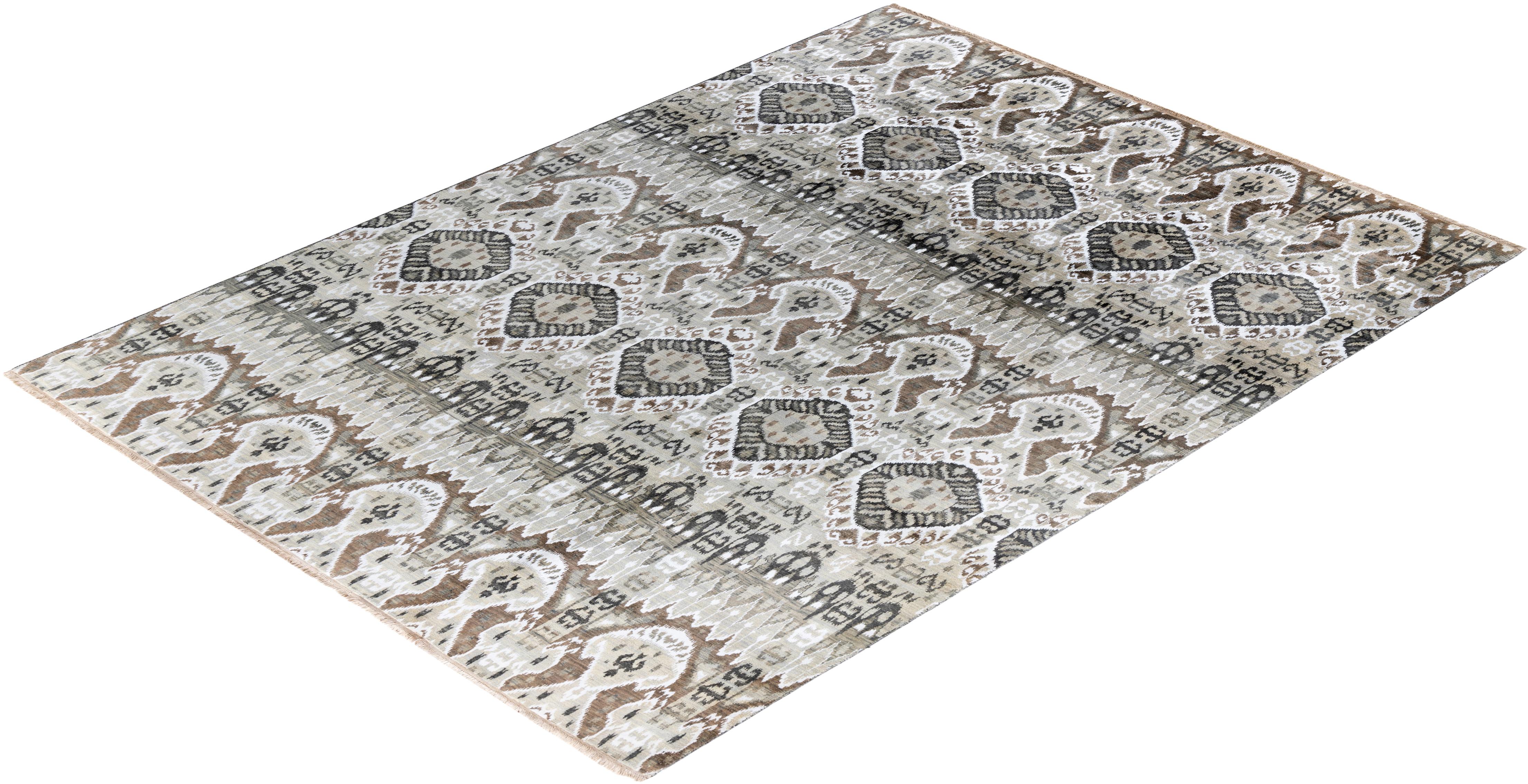 Traditionnel Ikat Abstrait Soie et Laine Noué à la Main Tapis de Zone Brown 8' 10