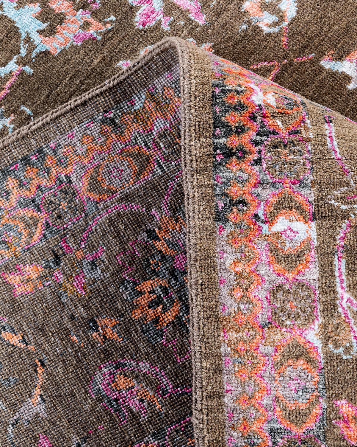 XXI secolo e contemporaneo Tappeto tradizionale Ikat annodato a mano in seta e lana marrone 8' 2