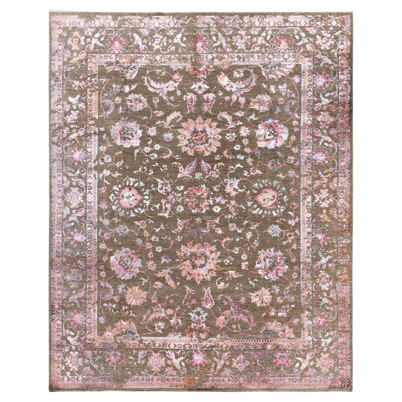 Traditional Ikat Hand Knotted Abstract Silk & Wool Brown Area Rug 8' 2" x 9' 10"
