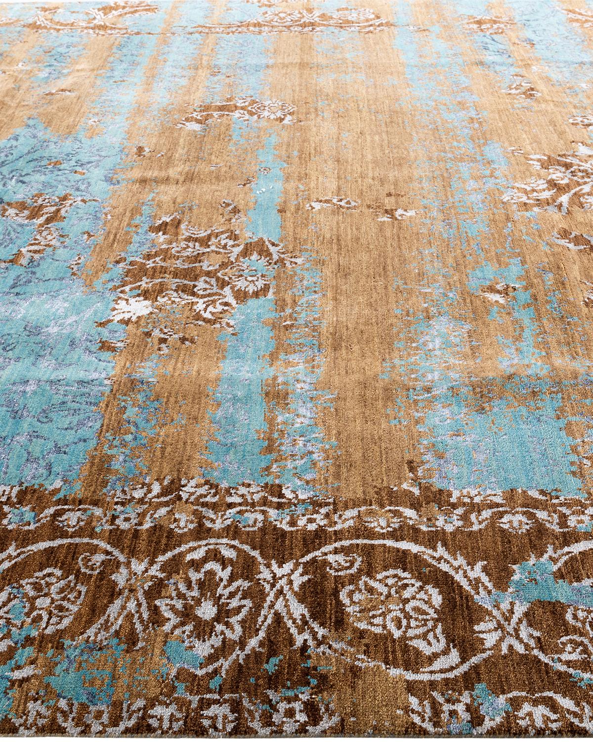 Hand-Knotted Traditional Ikat Hand Knotted Abstract Silk & Wool Brown Area Rug 9' 0