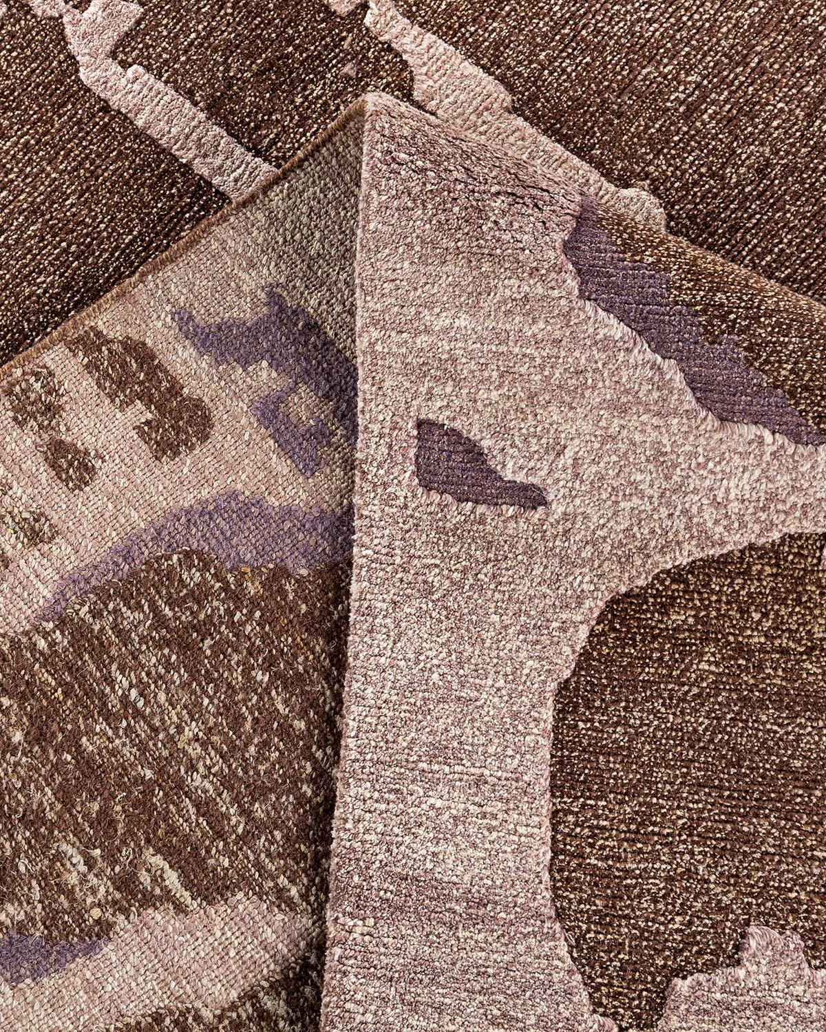 Contemporary Traditional Ikat Hand Knotted Abstract Silk & Wool Brown Area Rug 9' 0