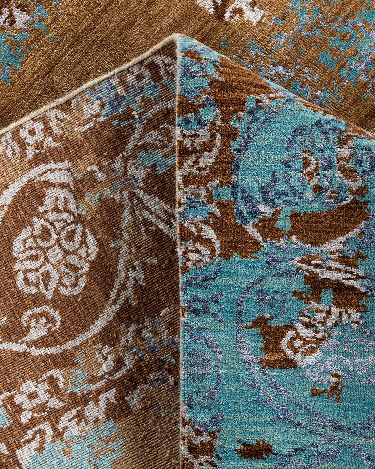 Contemporary Traditional Ikat Hand Knotted Abstract Silk & Wool Brown Area Rug 9' 0