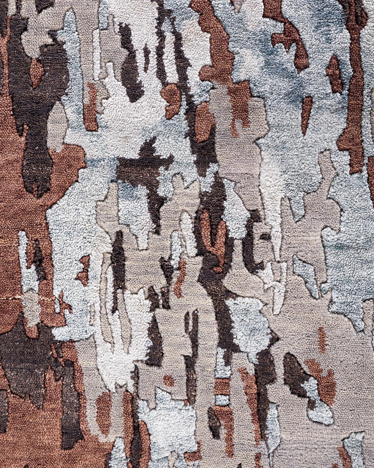 Ikat tradicional Alfombra abstracta anudada a mano de seda y lana Marrón 9' 2