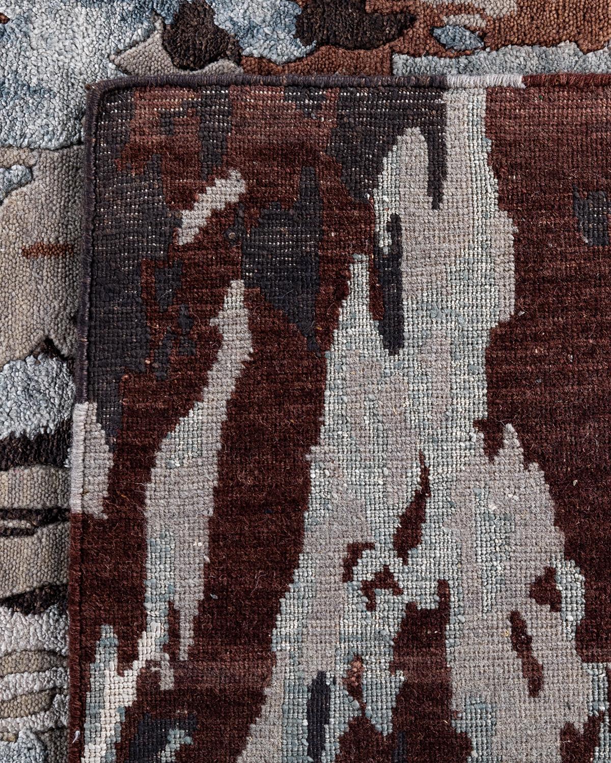 Ikat tradicional Alfombra abstracta anudada a mano de seda y lana Marrón 9' 2