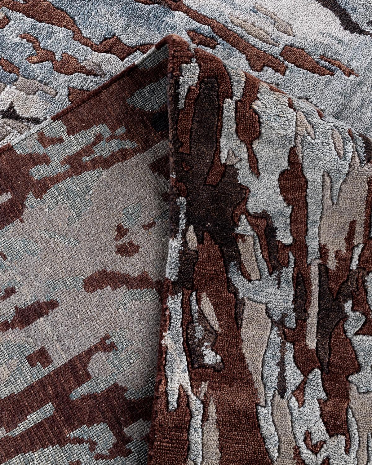 Ikat tradicional Alfombra abstracta anudada a mano de seda y lana Marrón 9' 2