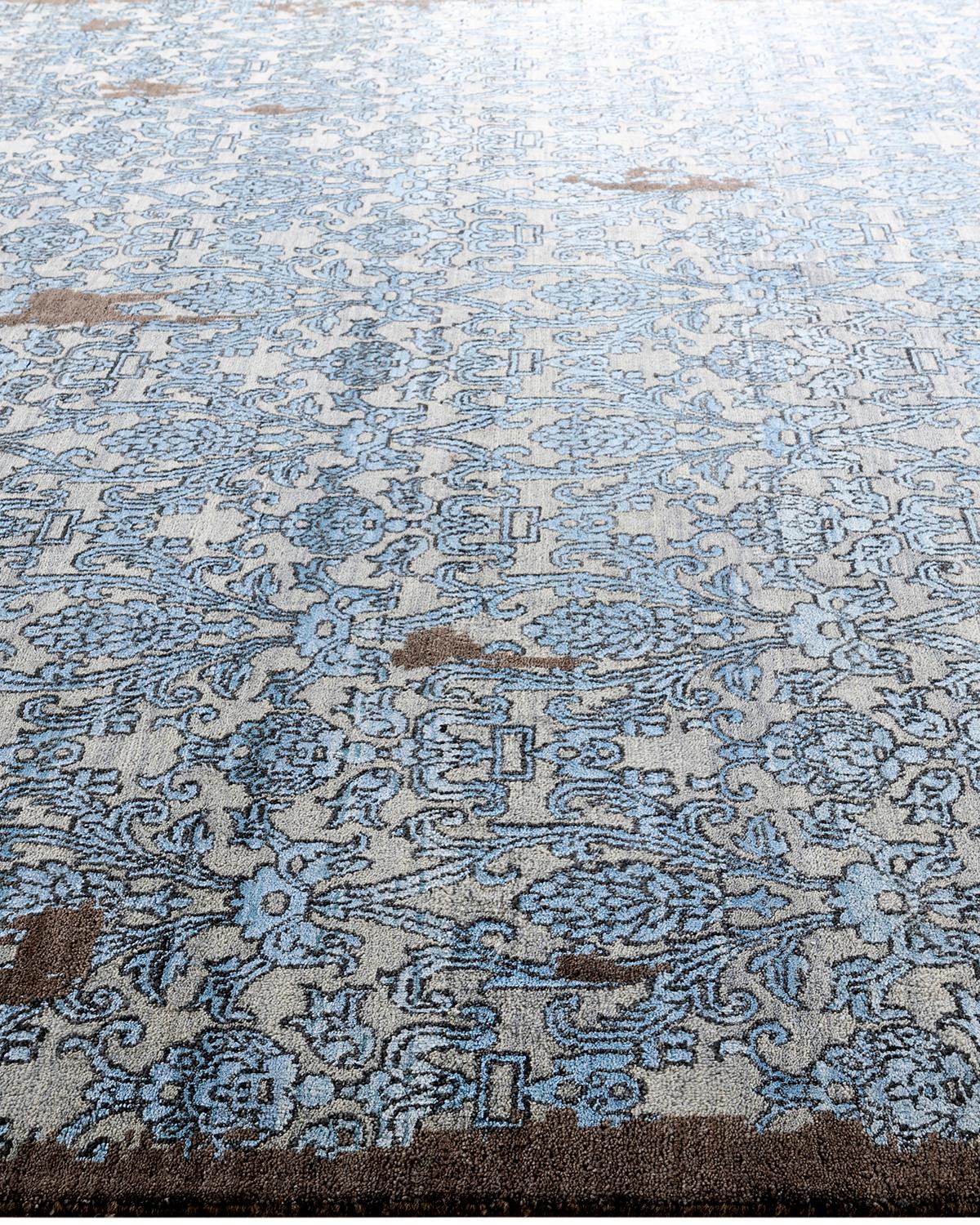 Ikat tradicional Alfombra abstracta anudada a mano de seda y lana Marrón 9' 2