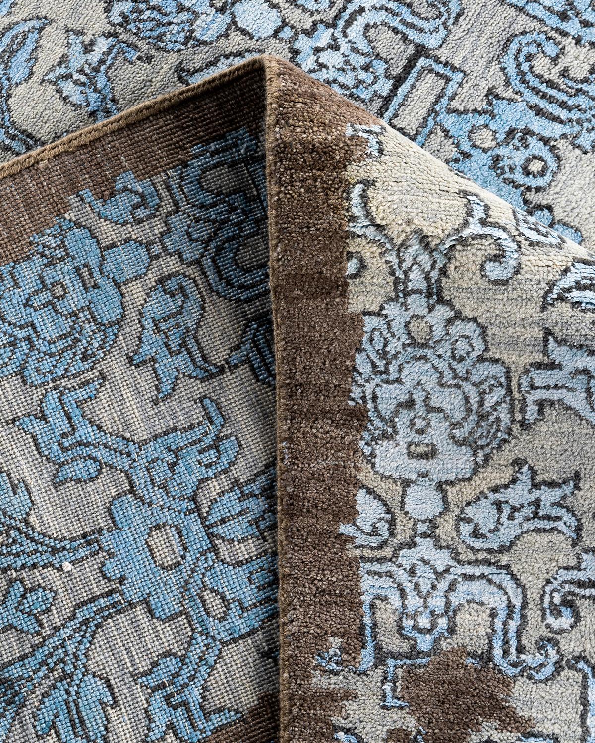 Ikat tradicional Alfombra abstracta anudada a mano de seda y lana Marrón 9' 2