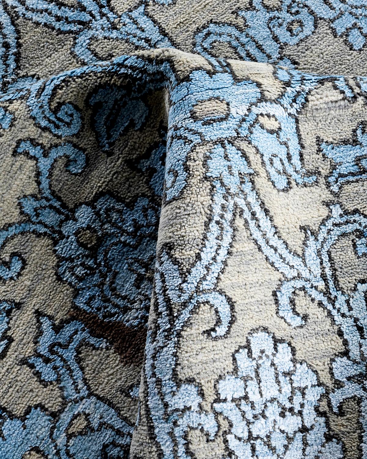 Ikat tradicional Alfombra abstracta anudada a mano de seda y lana Marrón 9' 2