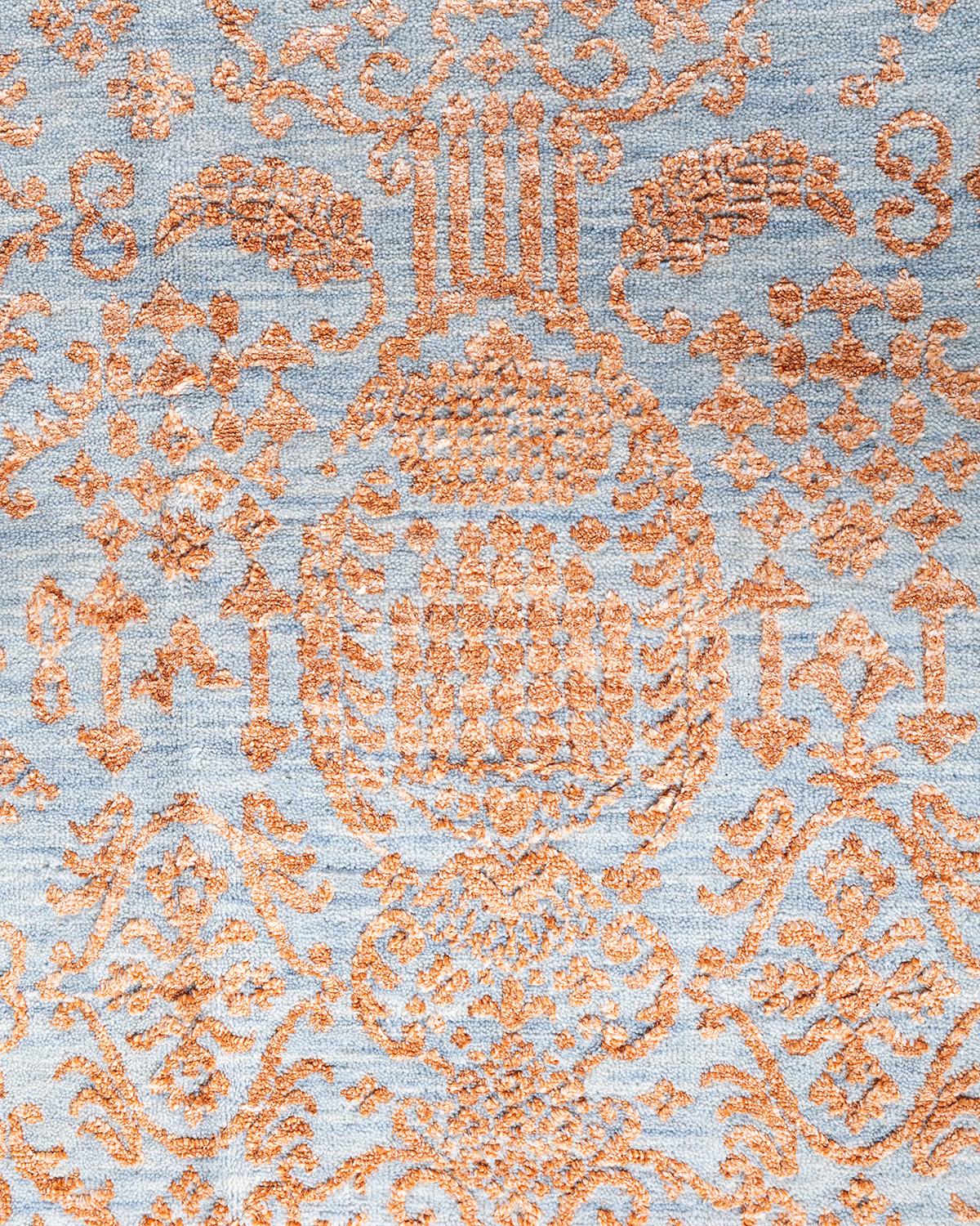 Indien Tapis traditionnel Ikat abstrait noué à la main en soie et laine dorée 7' 10