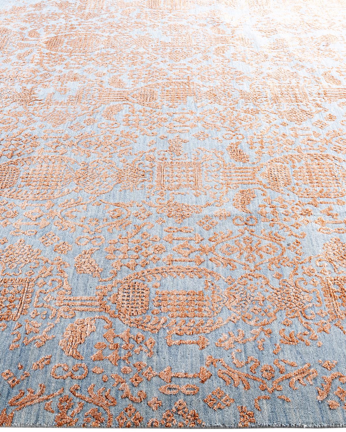 Noué à la main Tapis traditionnel Ikat abstrait noué à la main en soie et laine dorée 7' 10