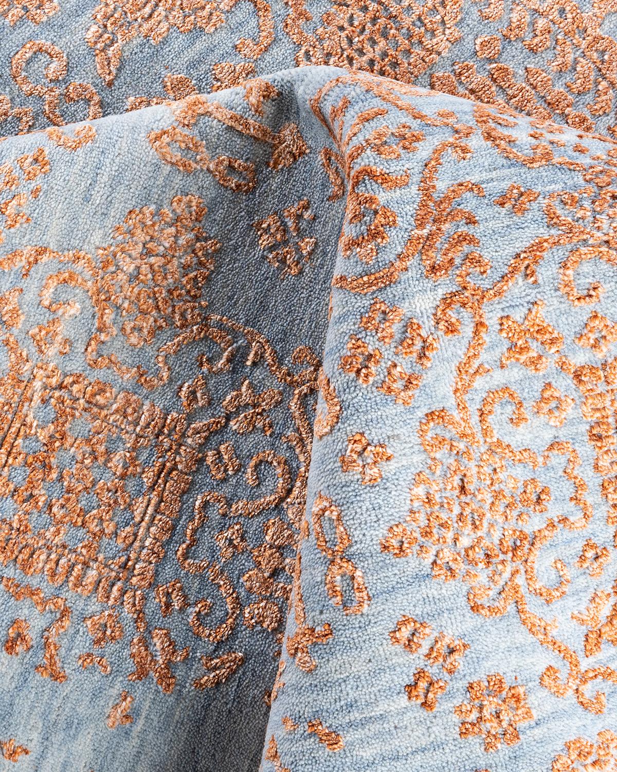 Laine Tapis traditionnel Ikat abstrait noué à la main en soie et laine dorée 7' 10