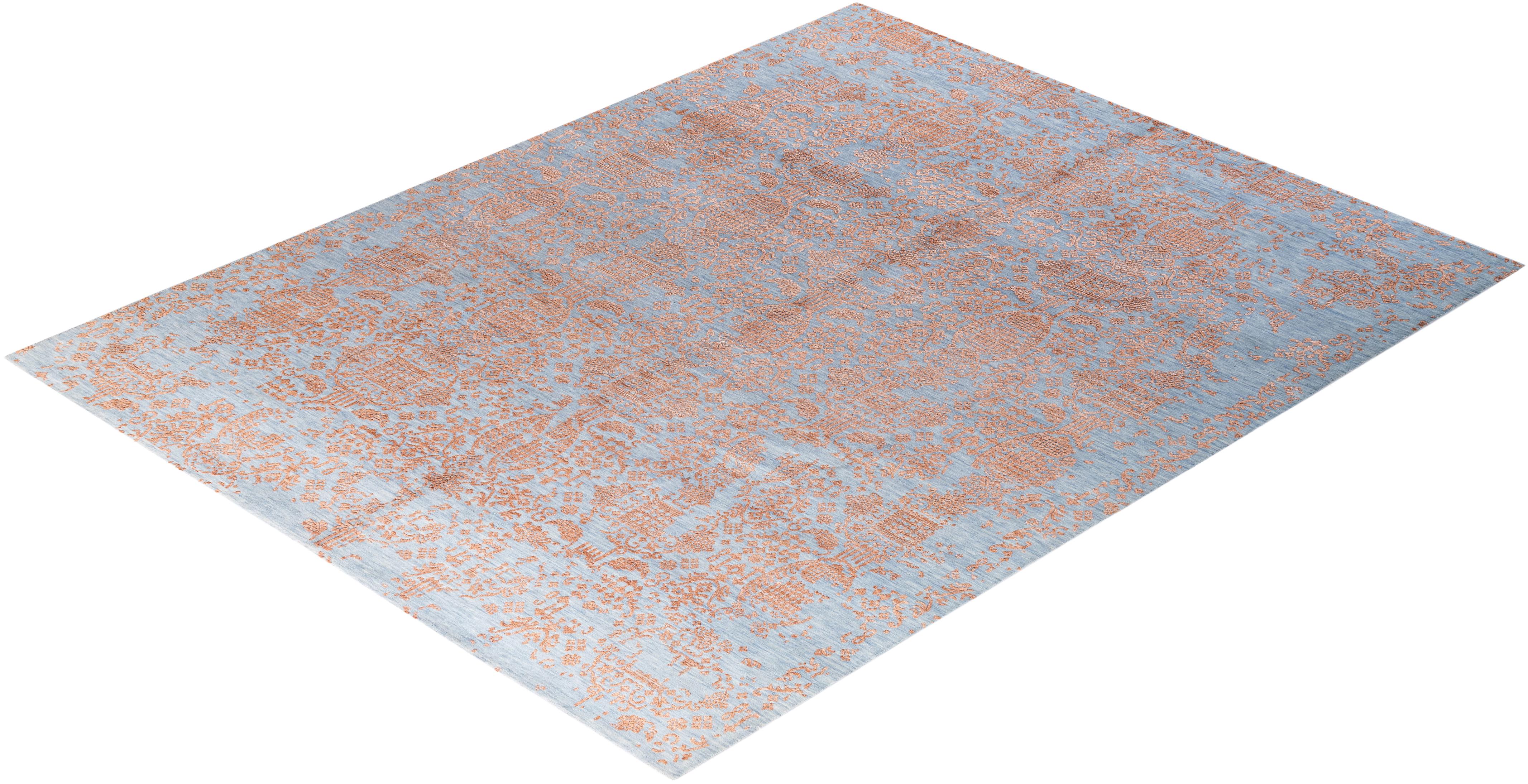 Tapis traditionnel Ikat abstrait noué à la main en soie et laine dorée 7' 10