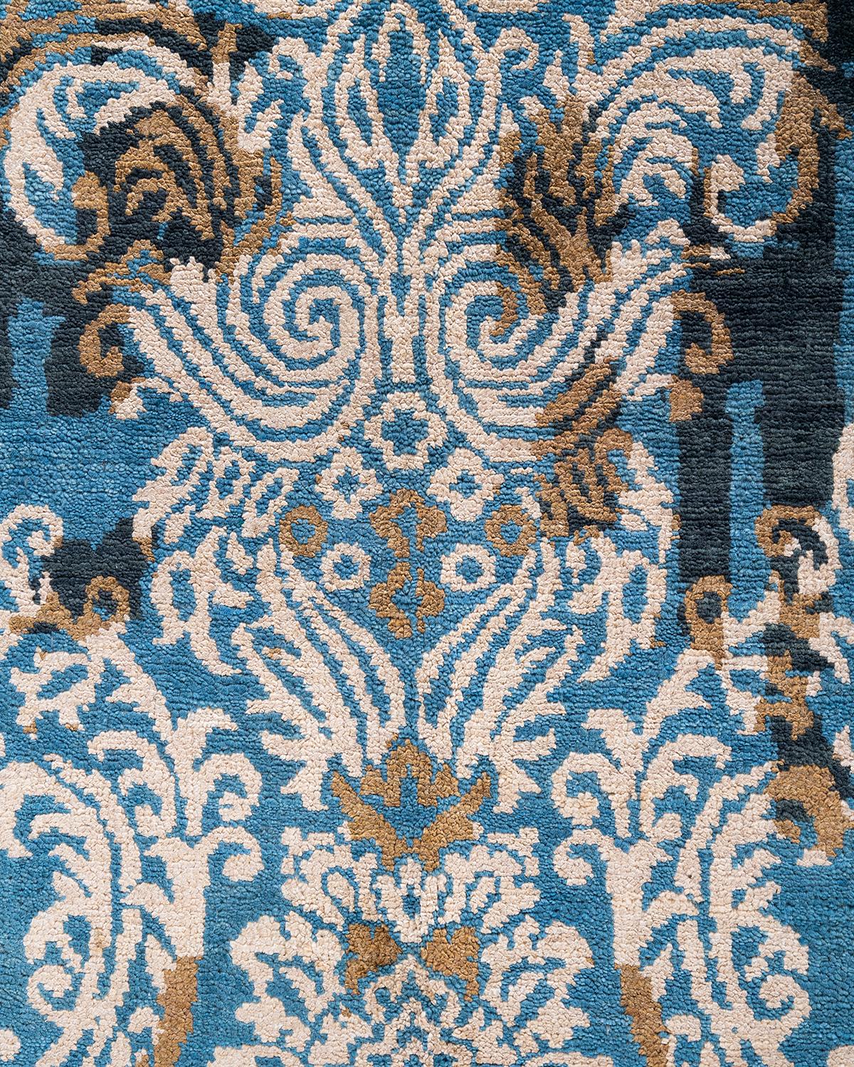 Indien Tapis traditionnel Ikat abstrait noué à la main en soie et laine dorée 9' 1