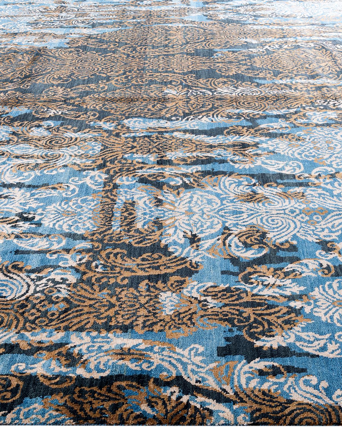 Noué à la main Tapis traditionnel Ikat abstrait noué à la main en soie et laine dorée 9' 1