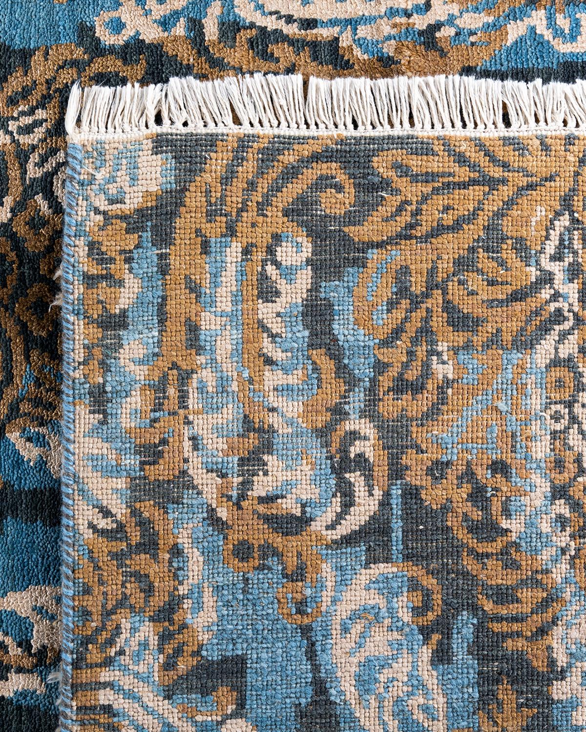 Tapis traditionnel Ikat abstrait noué à la main en soie et laine dorée 9' 1