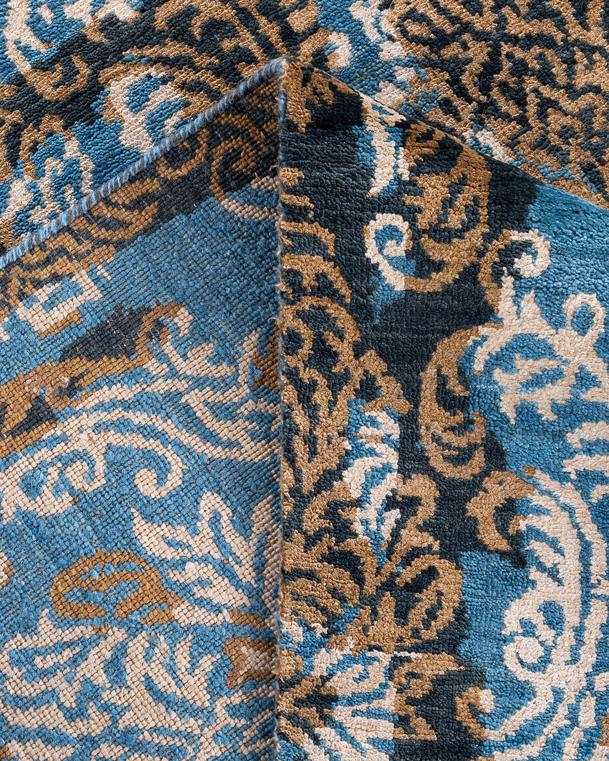 XXIe siècle et contemporain Tapis traditionnel Ikat abstrait noué à la main en soie et laine dorée 9' 1