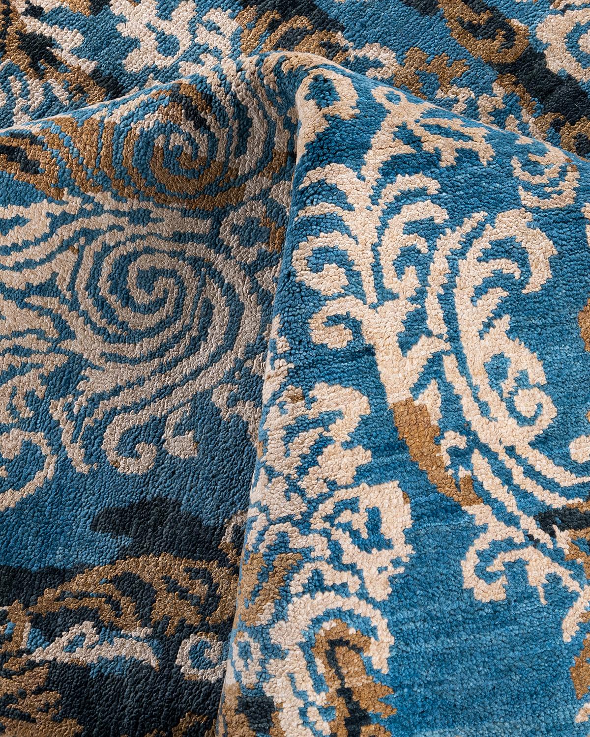 Laine Tapis traditionnel Ikat abstrait noué à la main en soie et laine dorée 9' 1