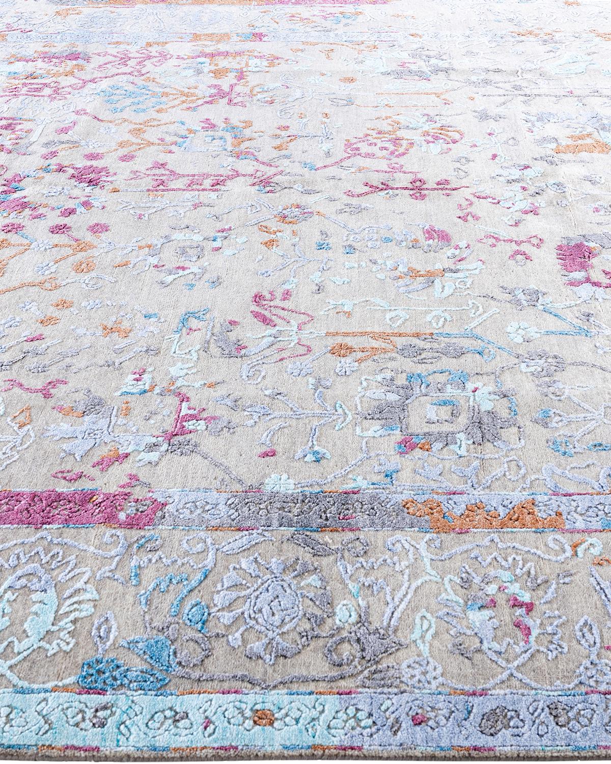Alfombra Ikat Tradicional Anudada a Mano Abstracta de Seda y Lana Gris 7' 10