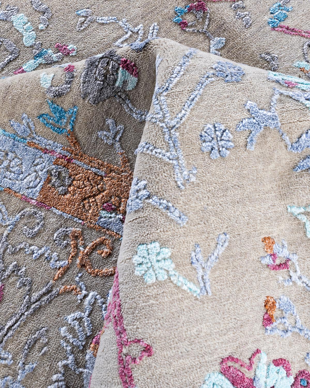 Alfombra Ikat Tradicional Anudada a Mano Abstracta de Seda y Lana Gris 7' 10