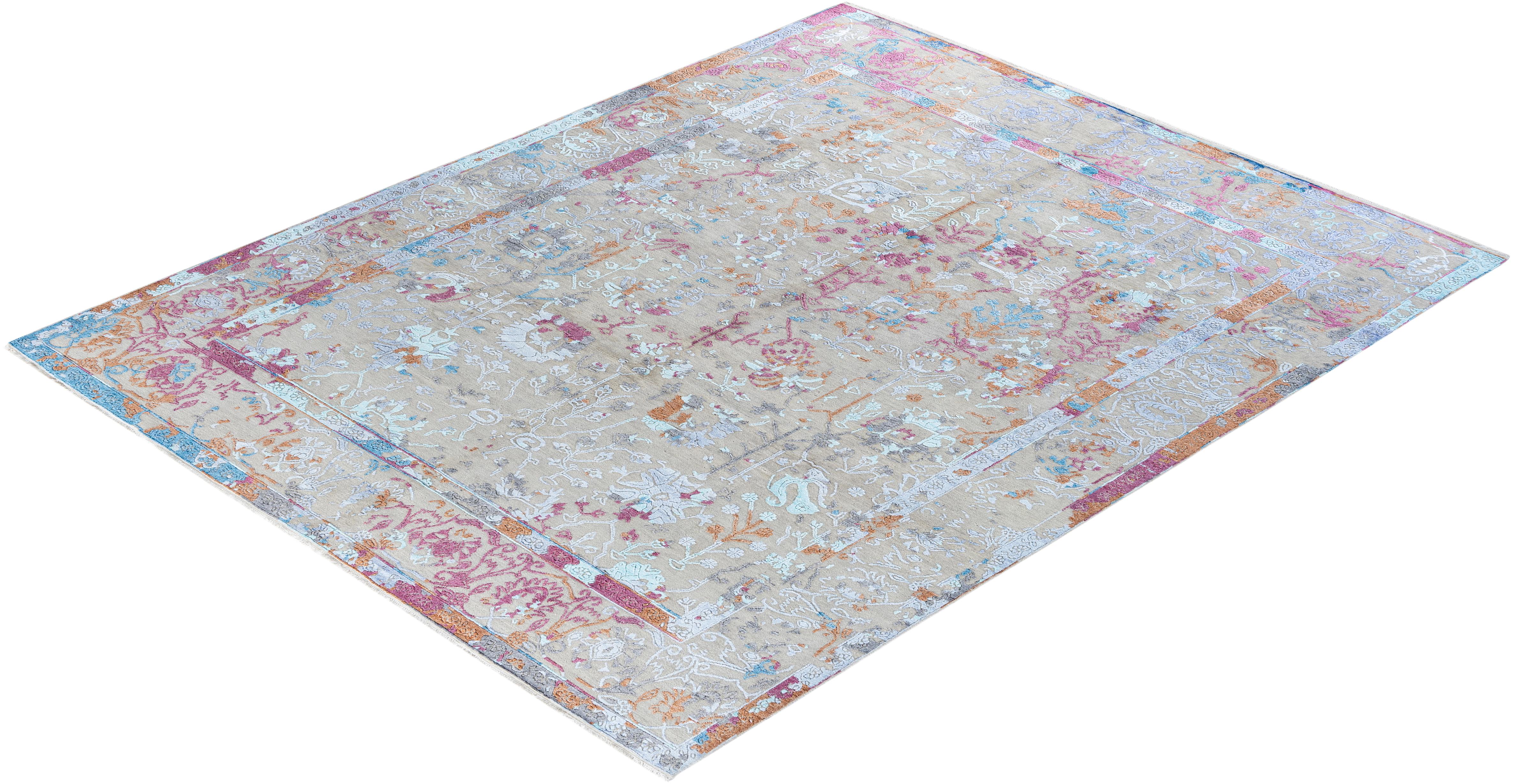 Alfombra Ikat Tradicional Anudada a Mano Abstracta de Seda y Lana Gris 7' 10