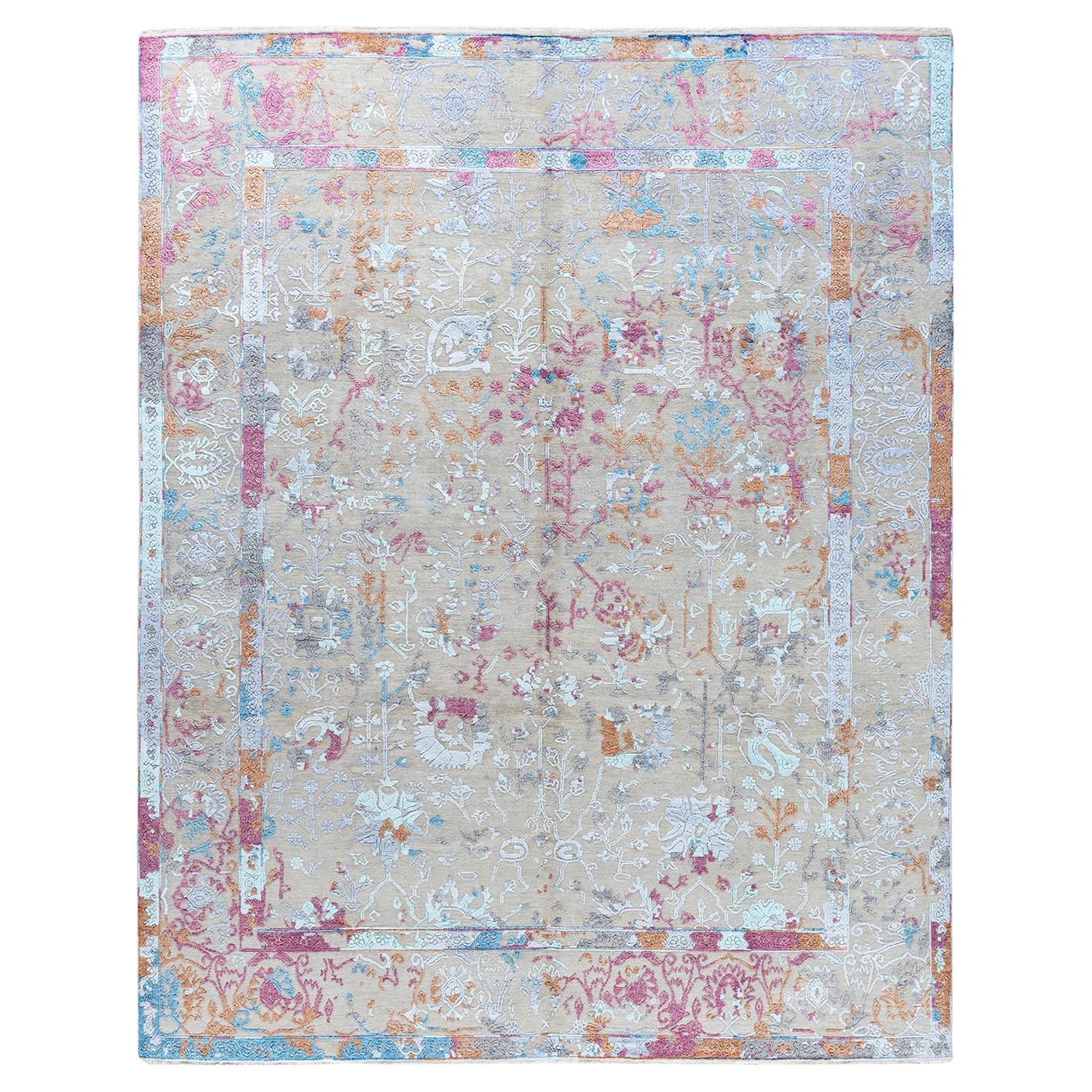 Tappeto tradizionale Ikat annodato a mano in seta astratta e lana grigia 7' 10" x 10' 0'