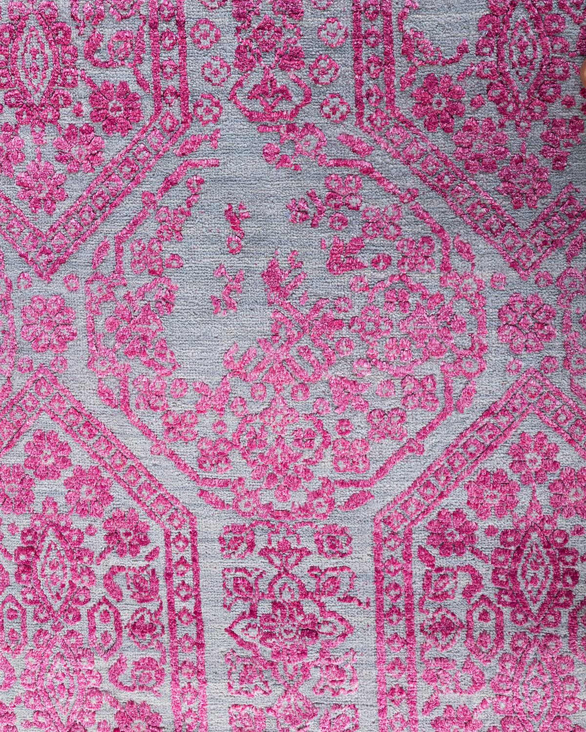 Ikat tradicional Alfombra abstracta anudada a mano de seda y lana gris 7' 10