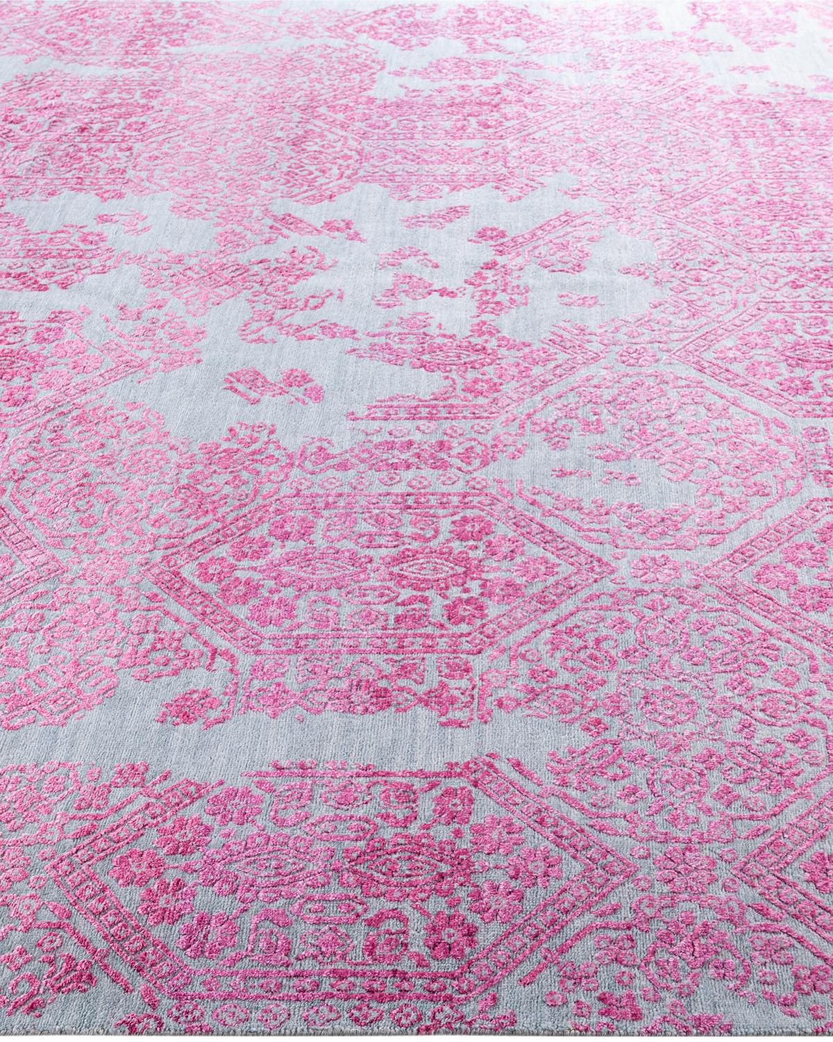 Ikat tradicional Alfombra abstracta anudada a mano de seda y lana gris 7' 10