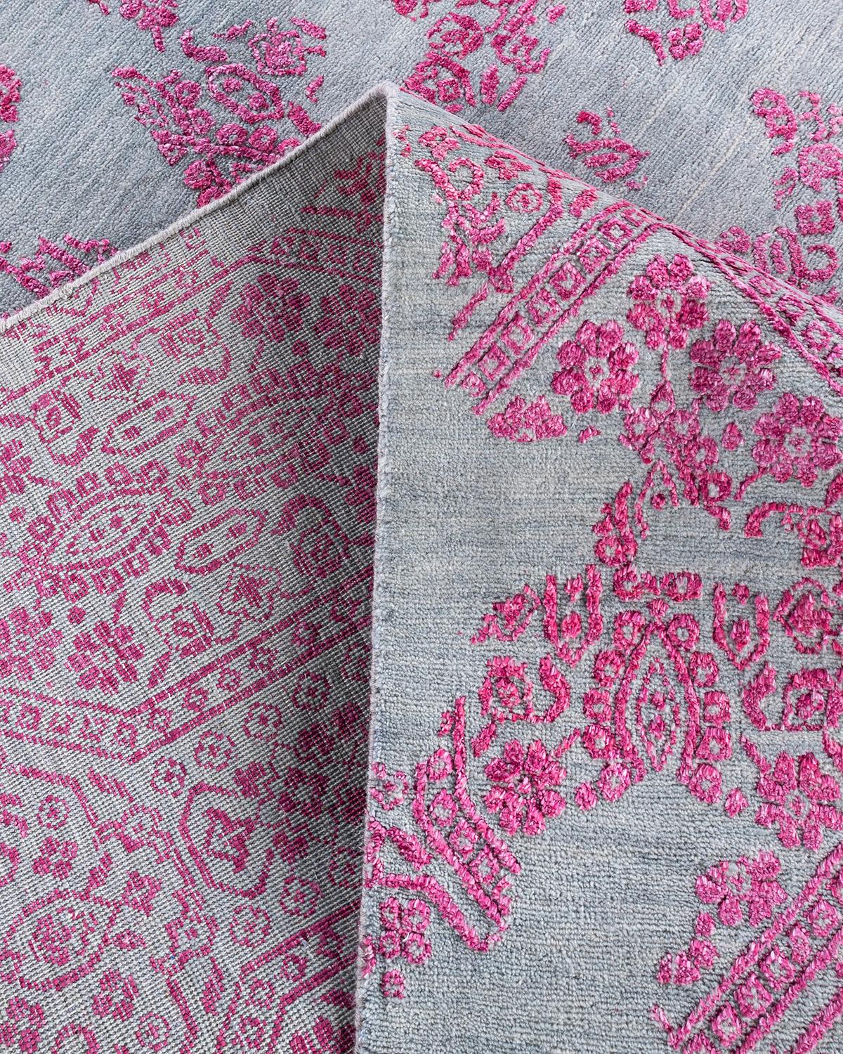 Ikat tradicional Alfombra abstracta anudada a mano de seda y lana gris 7' 10