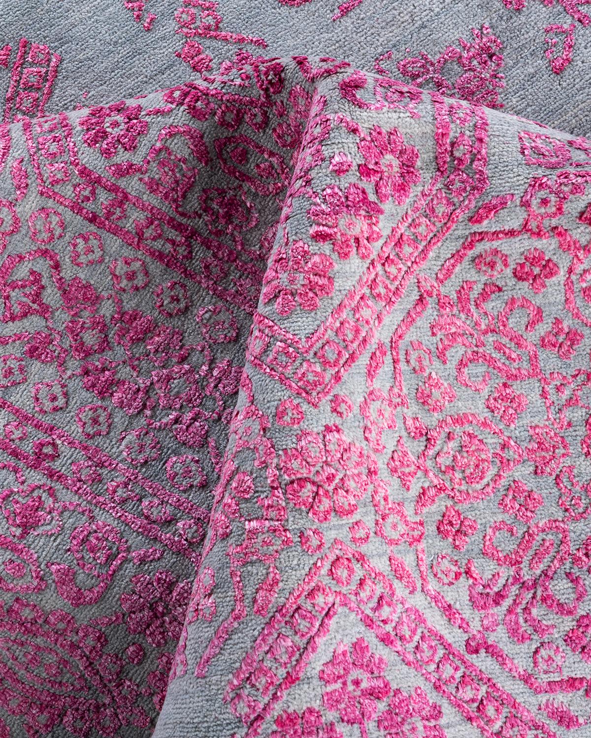Ikat tradicional Alfombra abstracta anudada a mano de seda y lana gris 7' 10