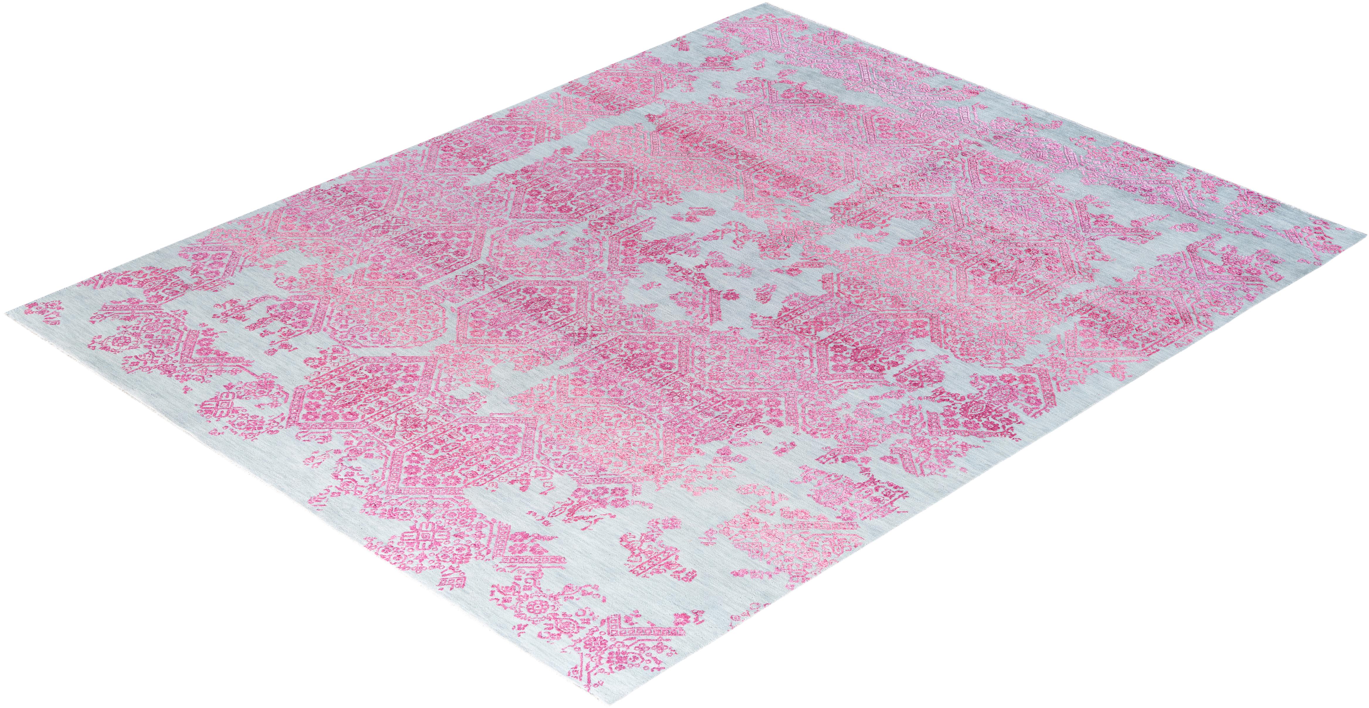 Ikat tradicional Alfombra abstracta anudada a mano de seda y lana gris 7' 10