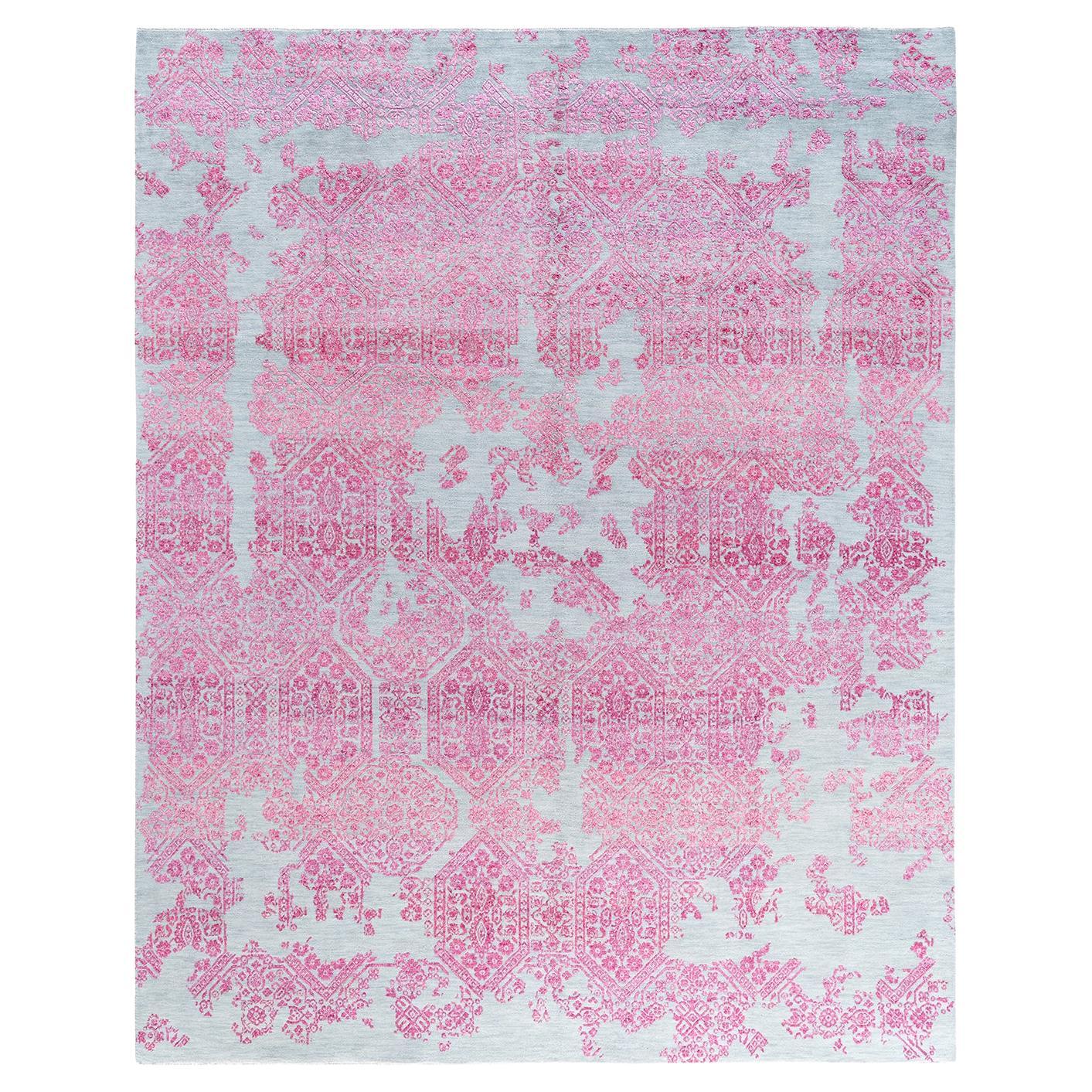 Traditioneller handgeknüpfter abstrakter Ikat-Teppich aus Seide und Wolle in Grau 7' 10" x 9' 10"