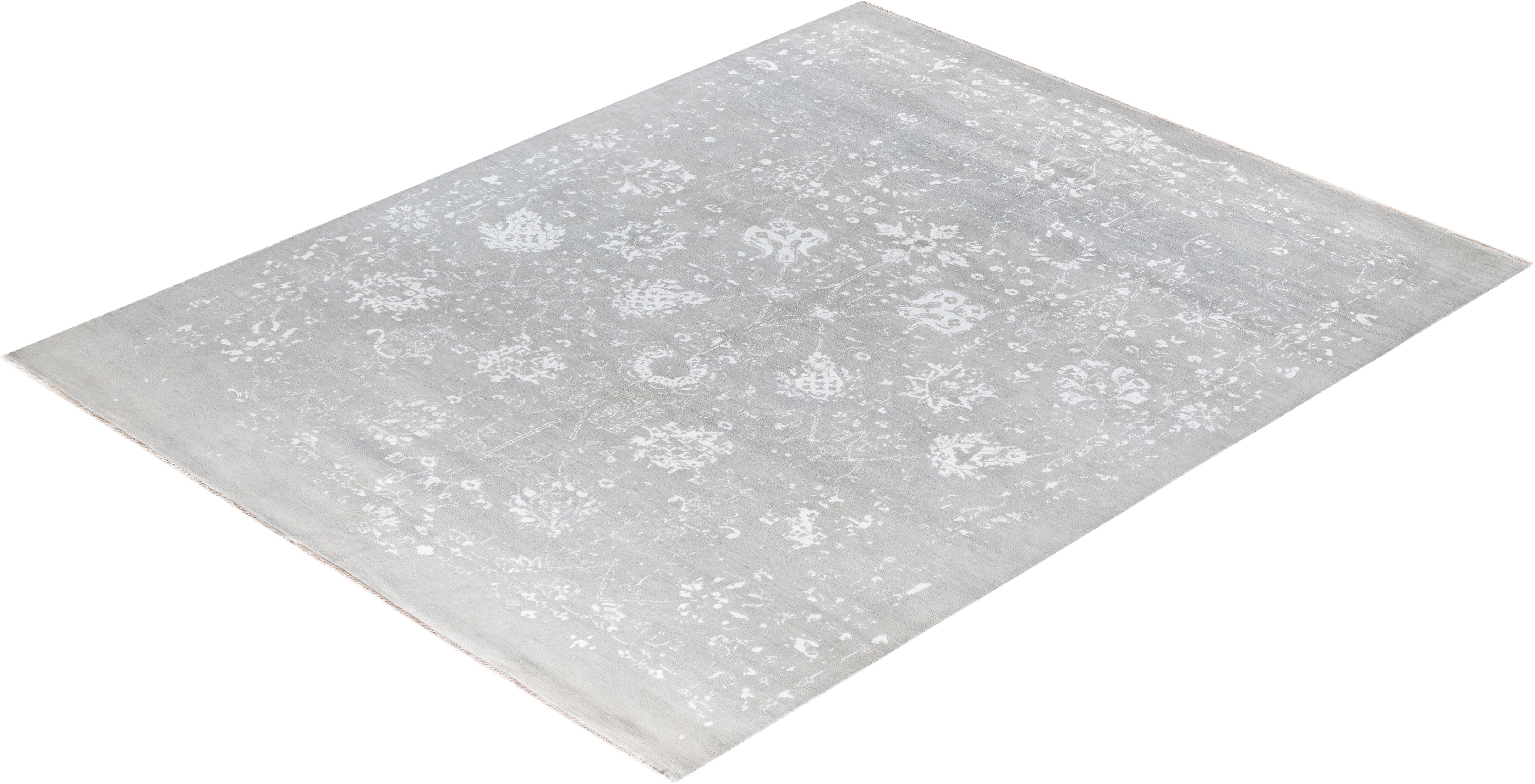 Traditional Ikat Hand Knotted Abstract Silk & Wool Gray Area Rug 8' 0