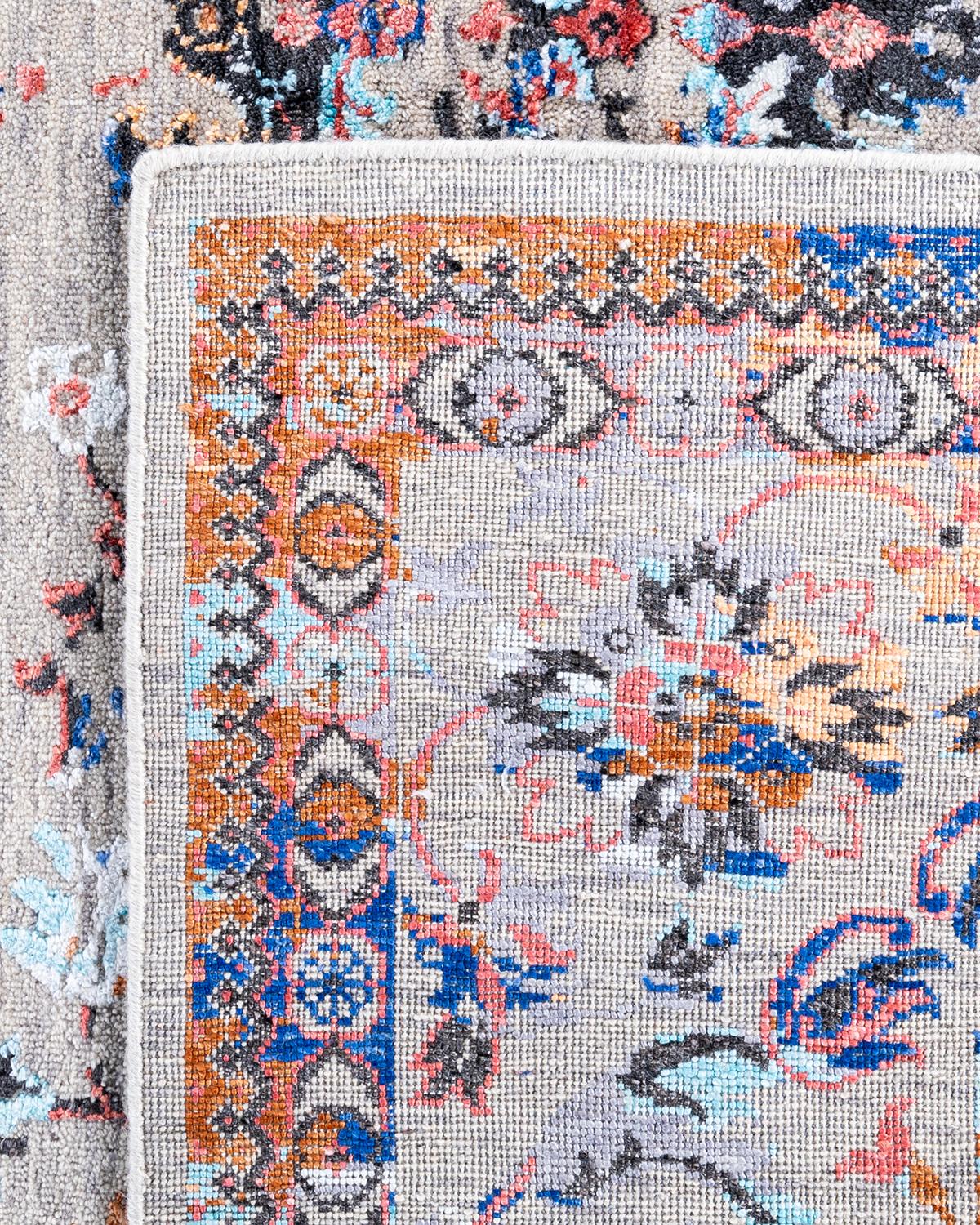 Tappeto tradizionale Ikat annodato a mano in seta e lana grigia 8' 0