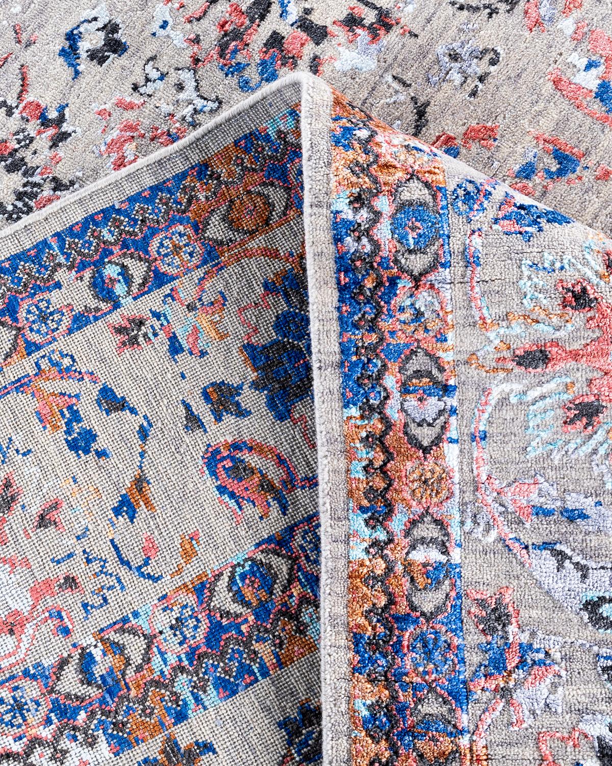 XXI secolo e contemporaneo Tappeto tradizionale Ikat annodato a mano in seta e lana grigia 8' 0