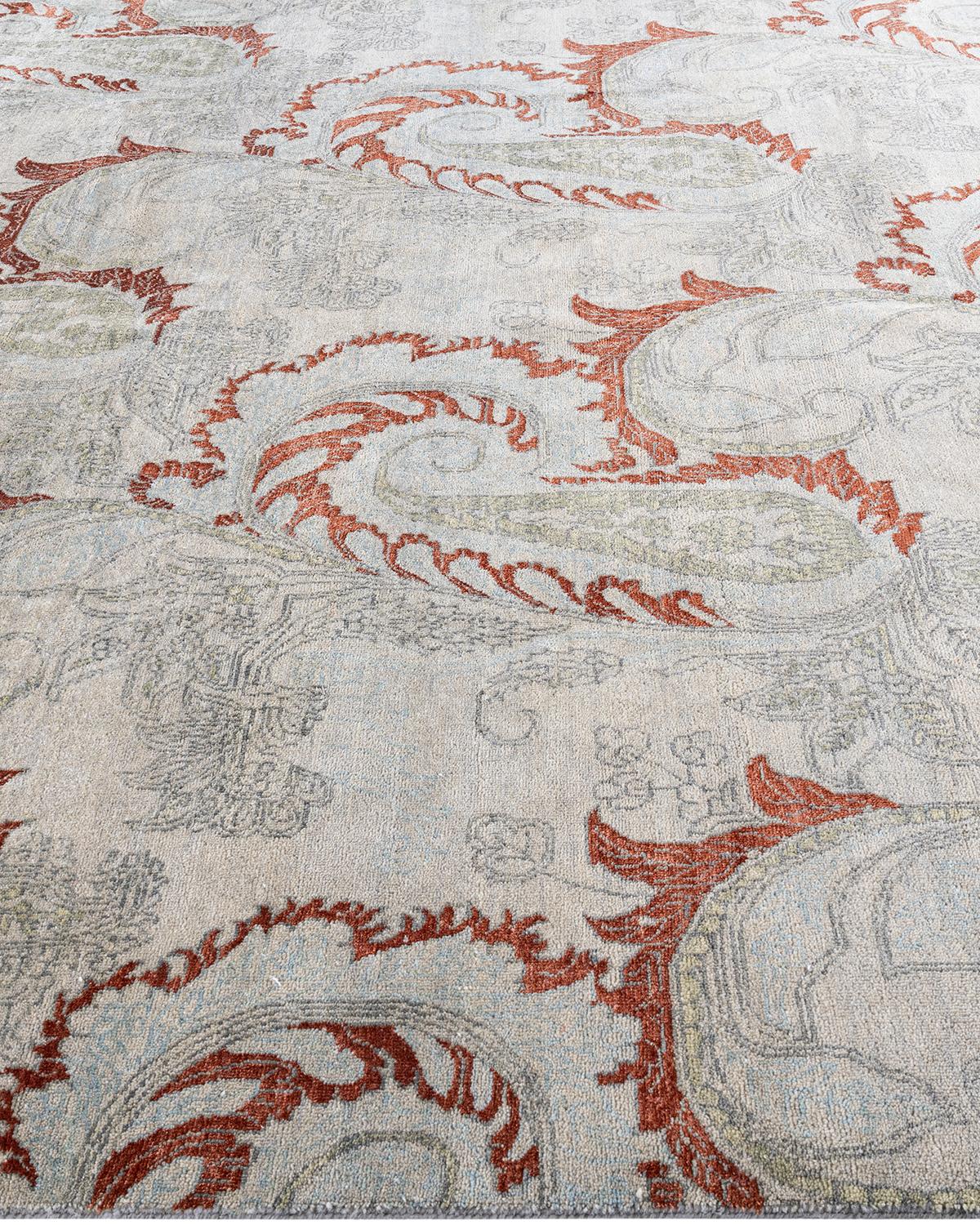 Noué à la main Traditionnel Ikat Abstrait Soie et Laine Noué à la Main Tapis de Surface Gris 8' 1