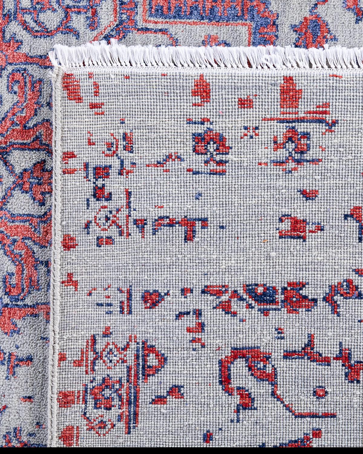 Tappeto tradizionale Ikat annodato a mano in seta e lana grigia 8' 1