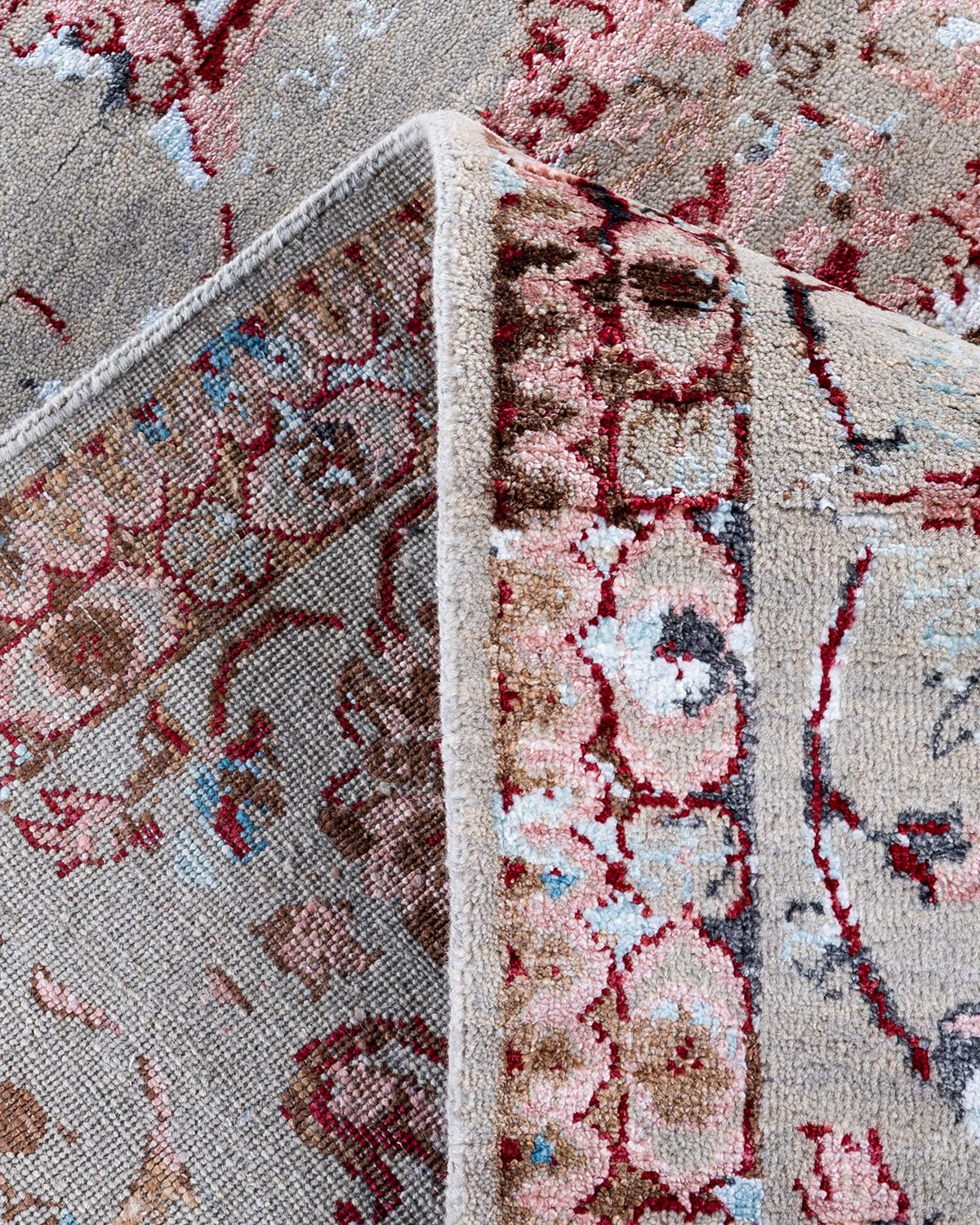 XXI secolo e contemporaneo Tappeto tradizionale Ikat annodato a mano in seta e lana grigia 8' 1