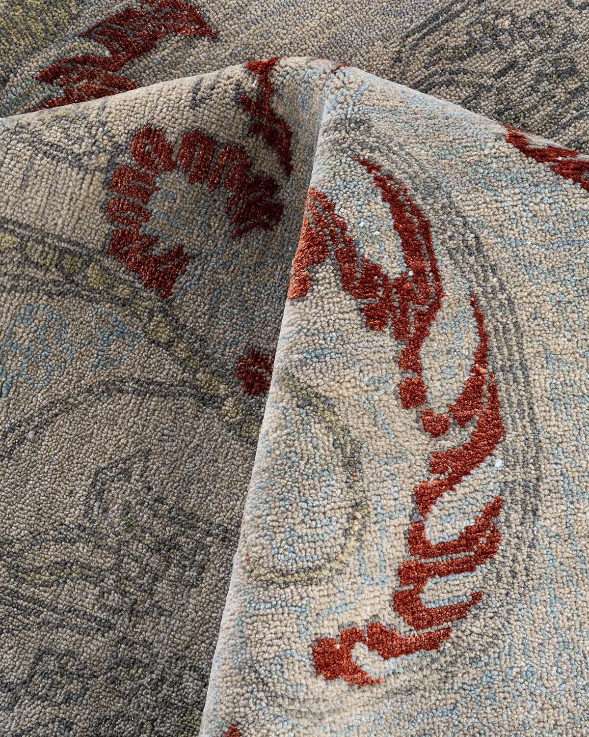 Traditionnel Ikat Abstrait Soie et Laine Noué à la Main Tapis de Surface Gris 8' 1