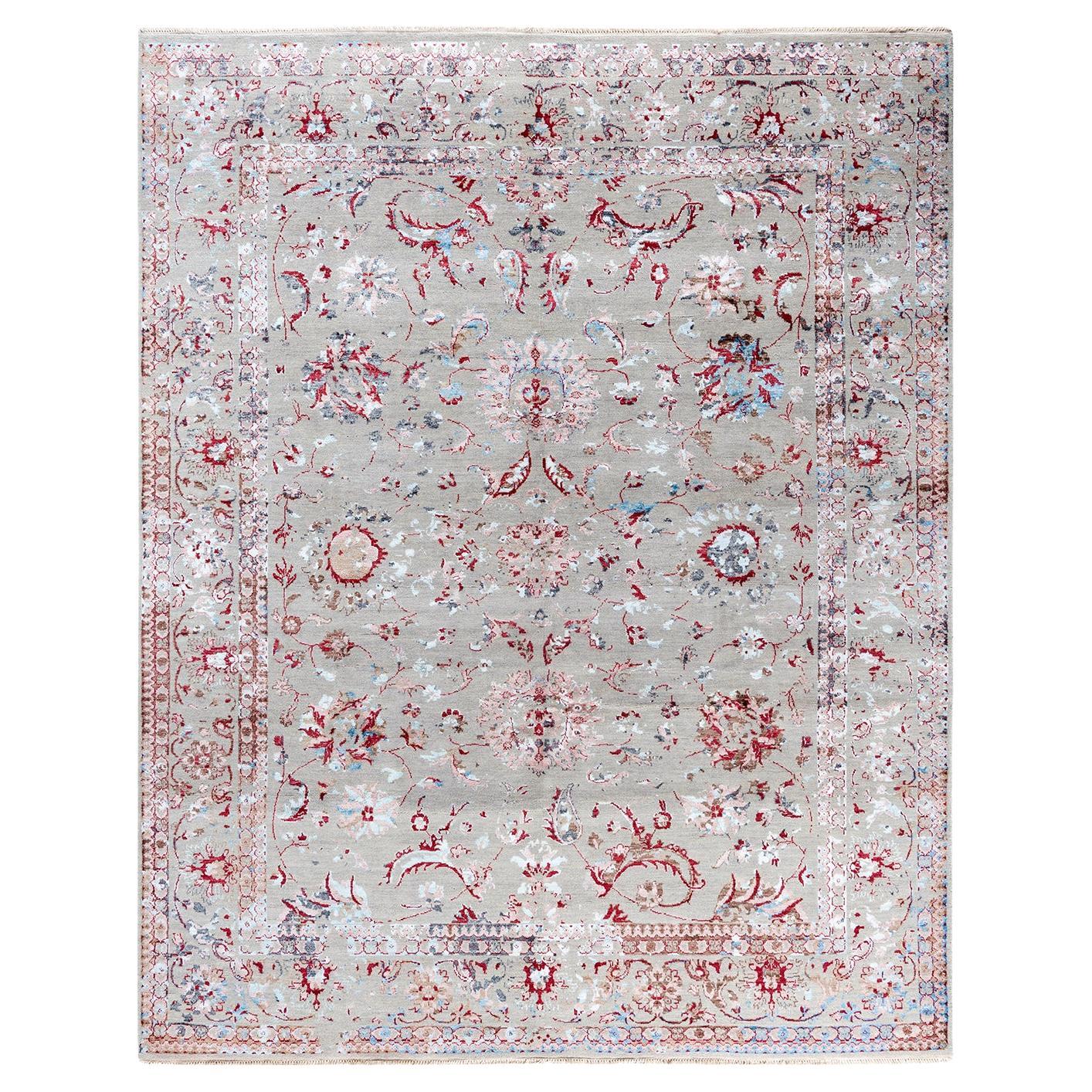 Tappeto tradizionale Ikat annodato a mano in seta e lana grigia 8' 1" x 10' 0"