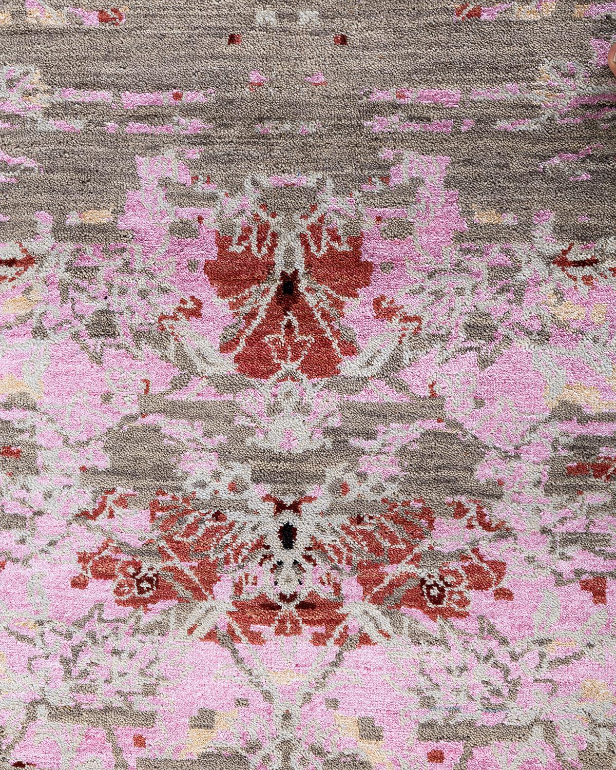 Traditioneller handgeknüpfter abstrakter Ikat-Teppich aus Seide und Wolle in Grau, 8' 1