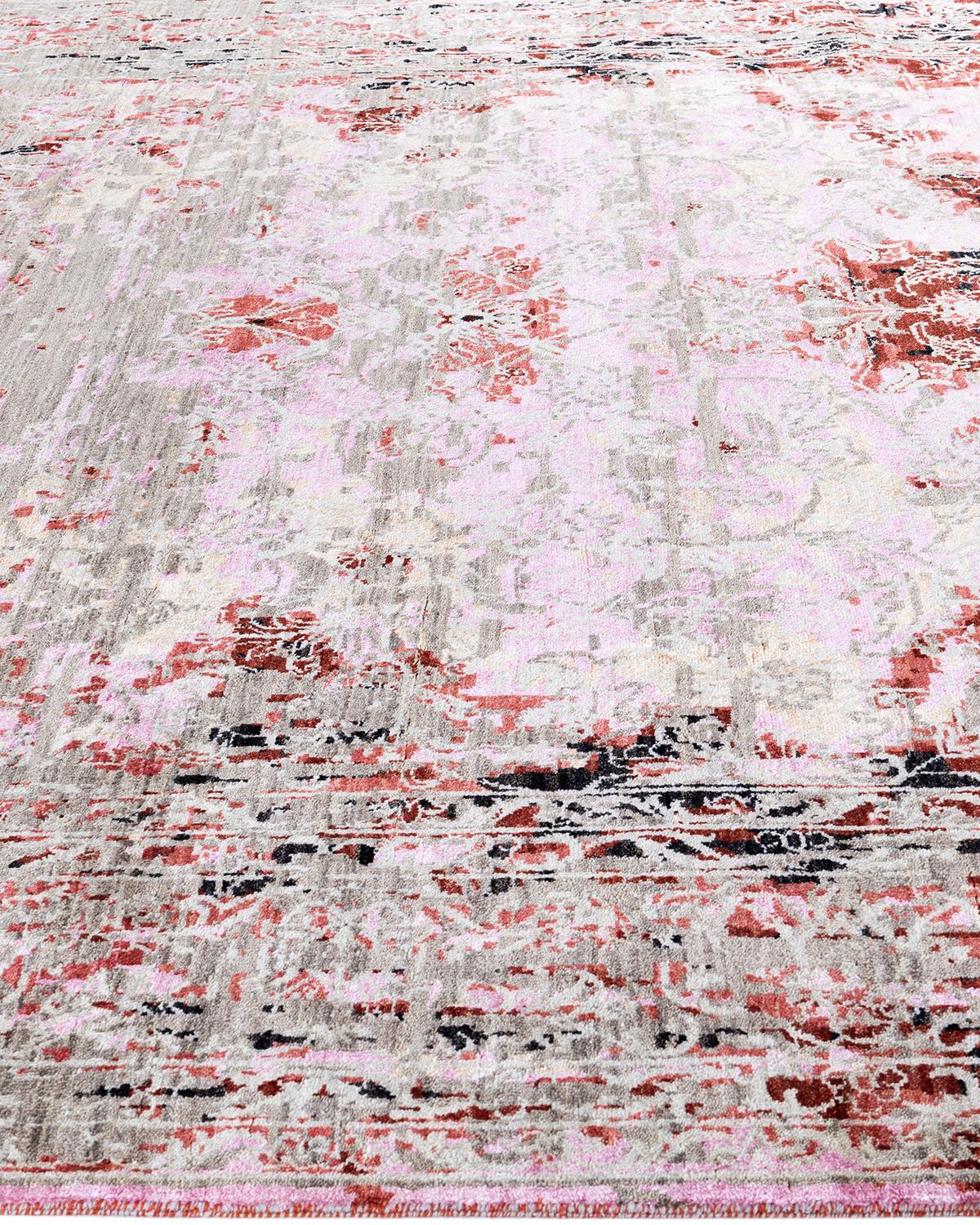 Traditioneller handgeknüpfter abstrakter Ikat-Teppich aus Seide und Wolle in Grau, 8' 1