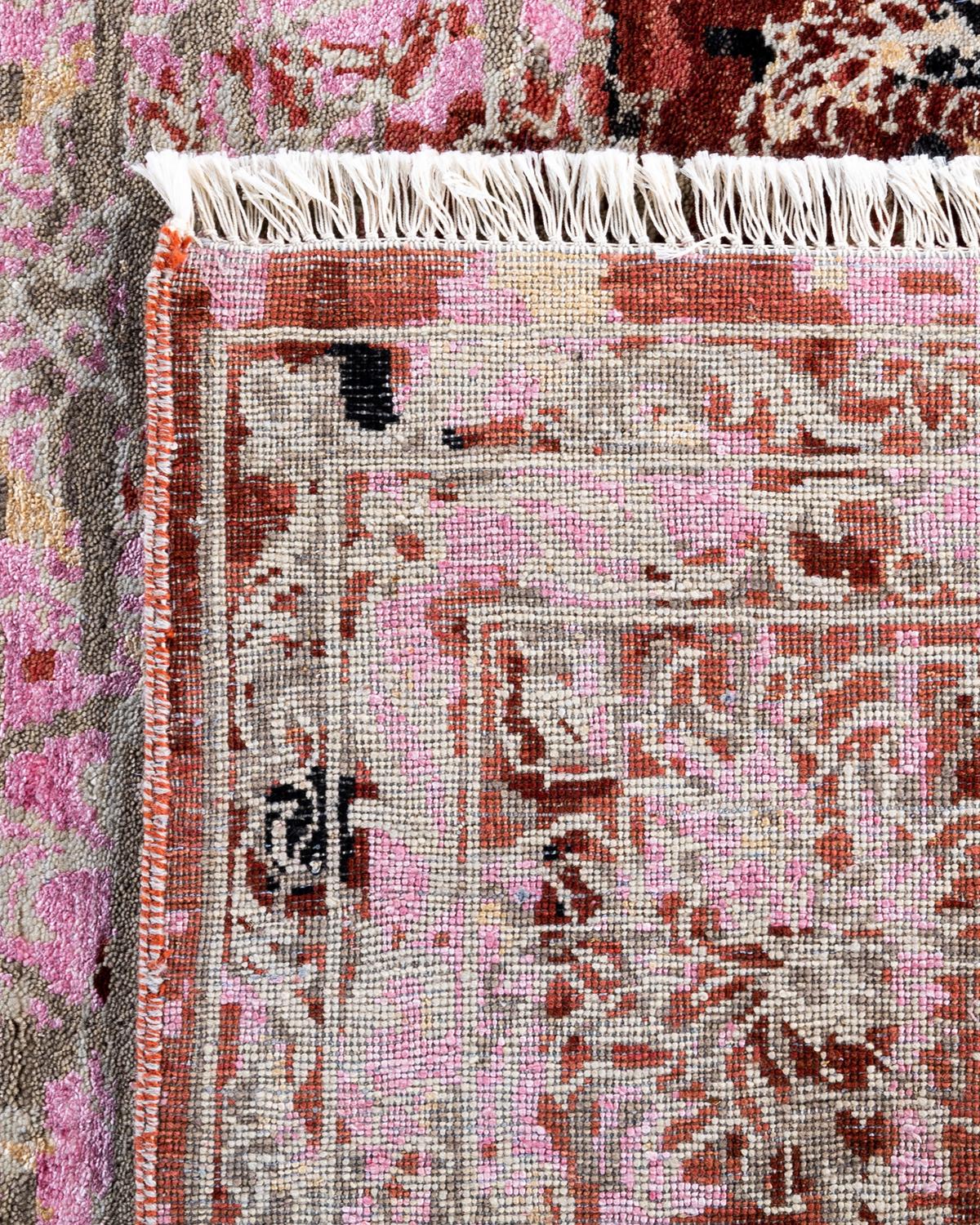 Traditioneller handgeknüpfter abstrakter Ikat-Teppich aus Seide und Wolle in Grau, 8' 1
