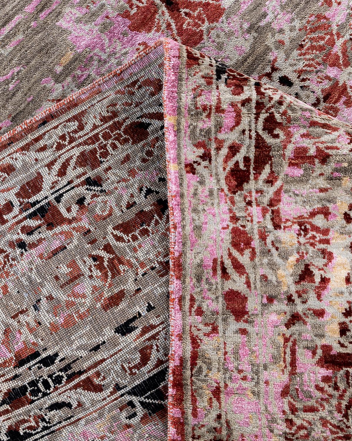 Traditioneller handgeknüpfter abstrakter Ikat-Teppich aus Seide und Wolle in Grau, 8' 1