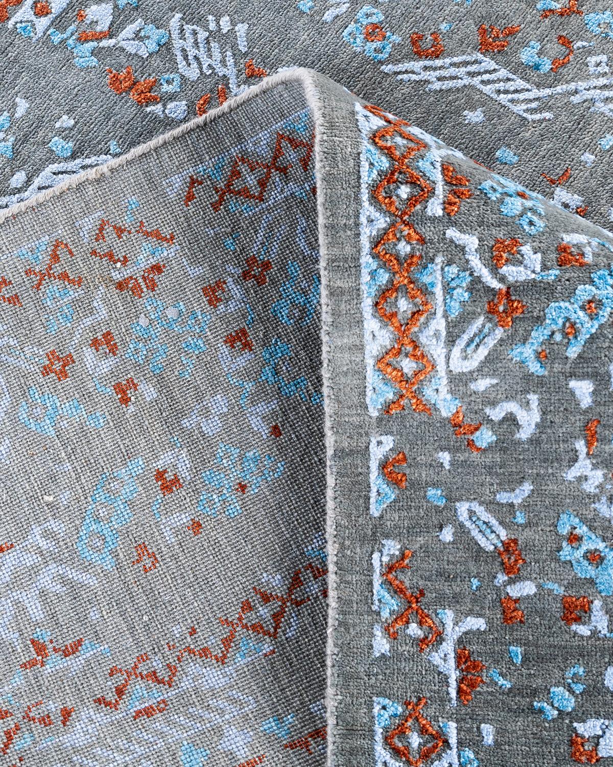 XXI secolo e contemporaneo Tappeto tradizionale Ikat annodato a mano in seta e lana grigia 8' 1