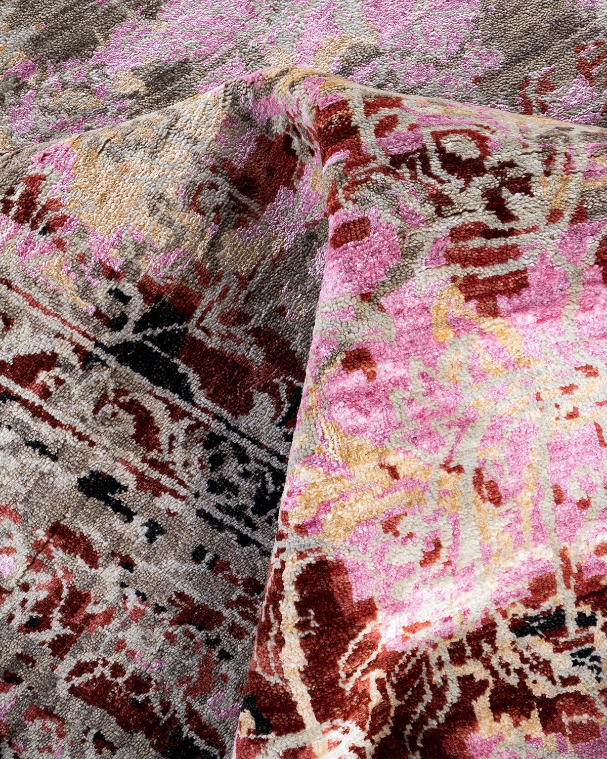 Traditioneller handgeknüpfter abstrakter Ikat-Teppich aus Seide und Wolle in Grau, 8' 1