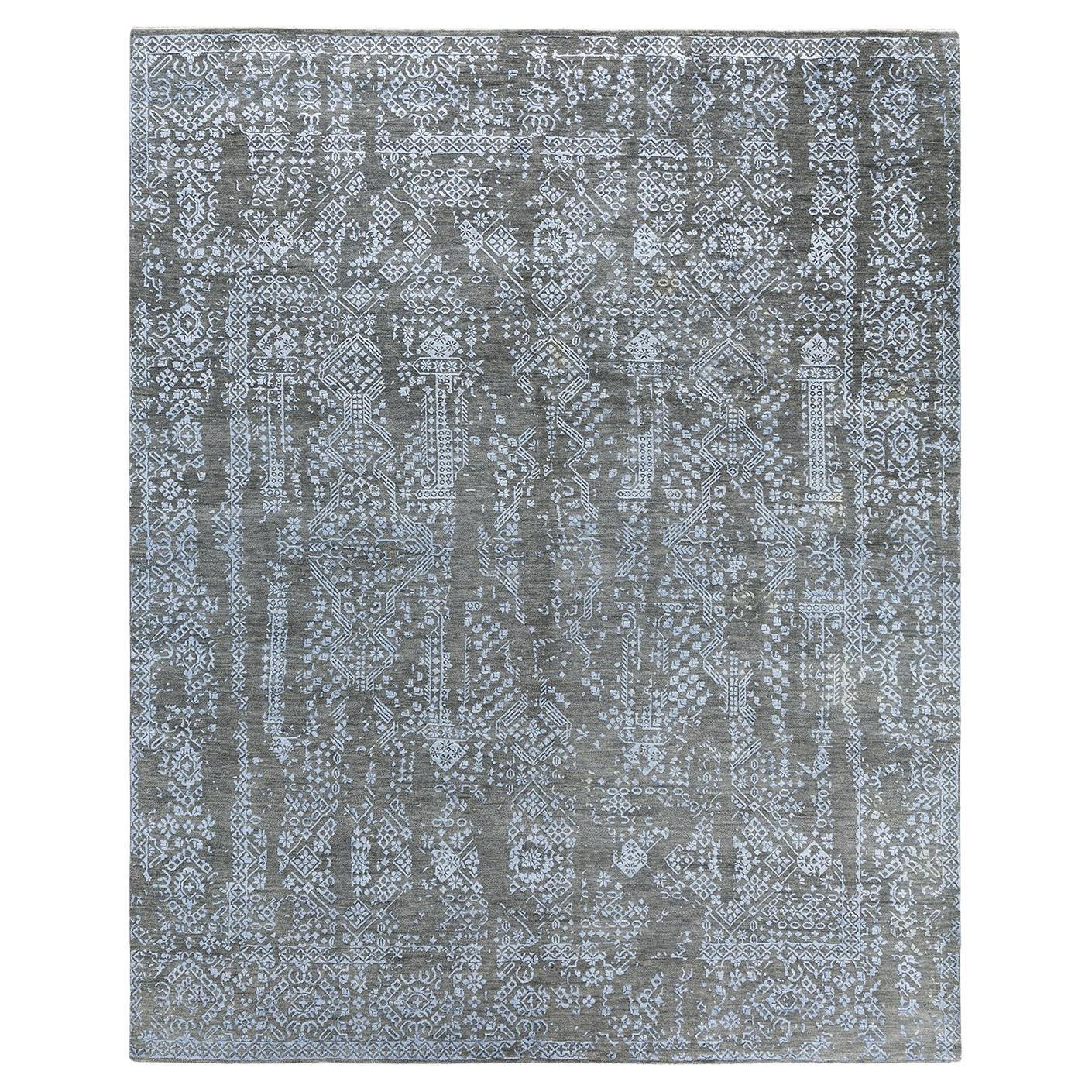 Traditionnel Ikat Abstrait Soie et Laine Noué à la Main Tapis de Surface Gris 8' 1" x 10' 1"