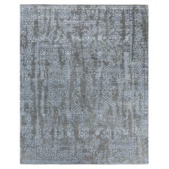 Traditionnel Ikat Abstrait Soie et Laine Noué à la Main Tapis de Surface Gris 8' 1" x 10' 1"