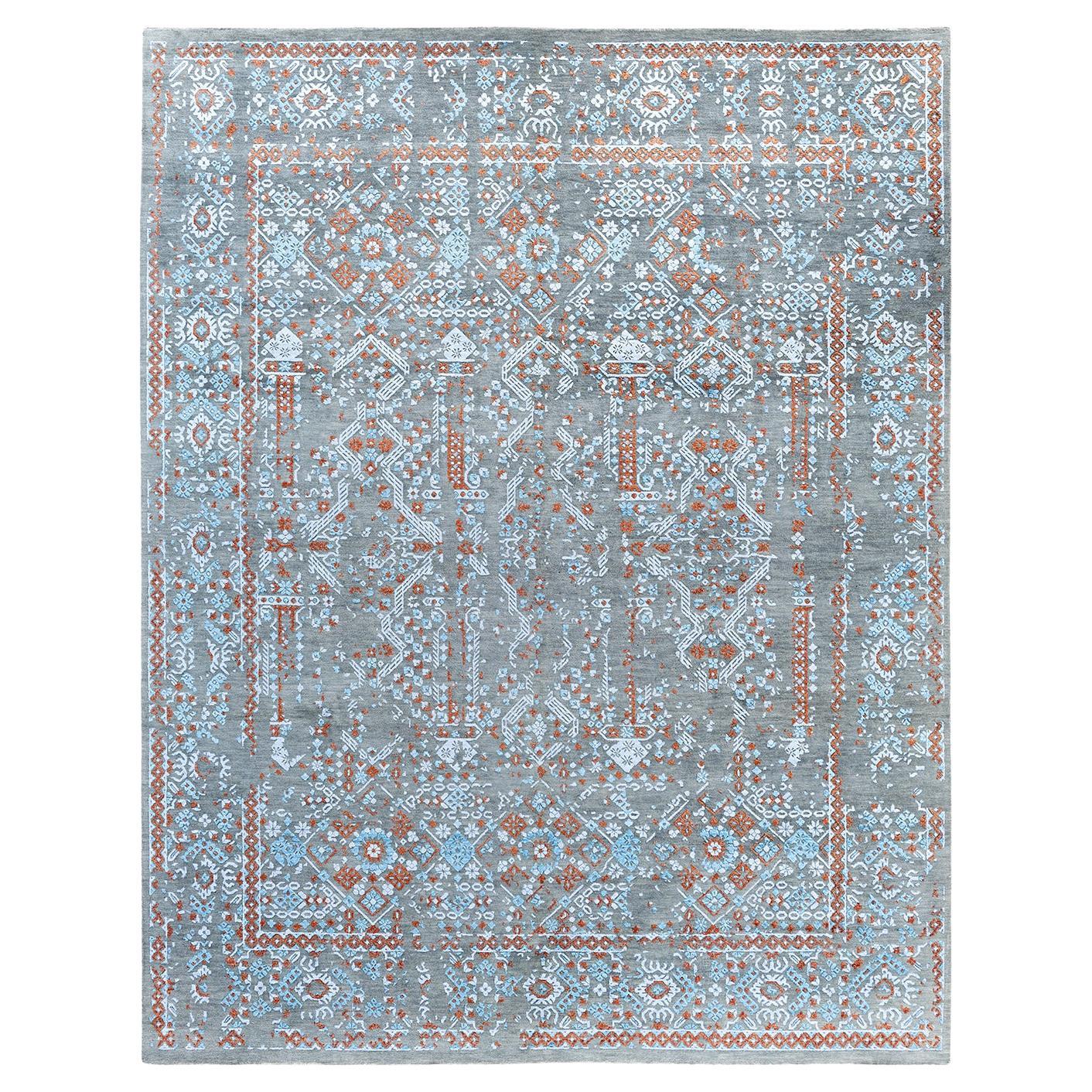 Tappeto tradizionale Ikat annodato a mano in seta e lana grigia 8' 1" x 10' 1"